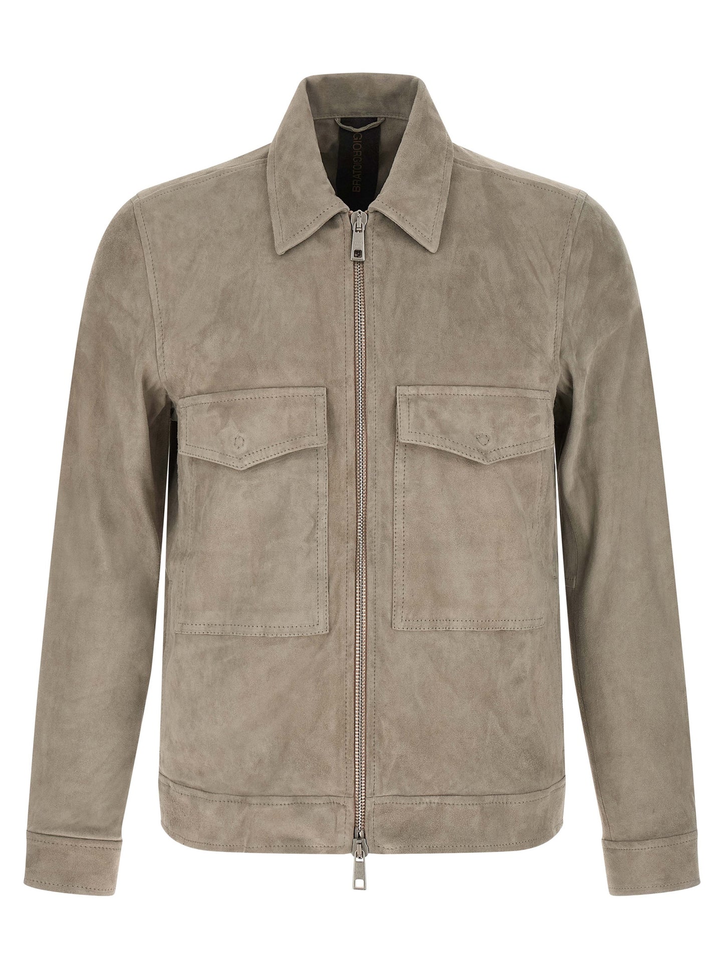Jacket by GIORGIO BRATO for men in velour & suede lamb leather gray features an utilitarian silhouette with a refined shirt-collar neckline, showcasing sophisticated pockets for an utilitarian aesthetic.