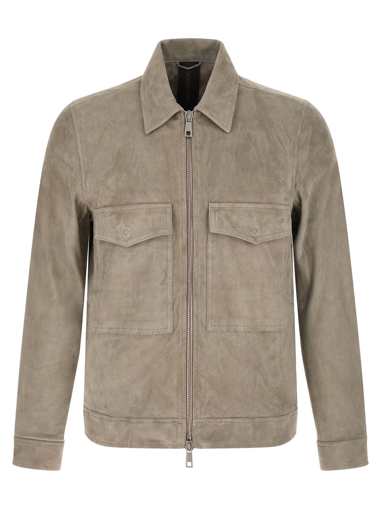 Jacket by GIORGIO BRATO for men in velour & suede lamb leather gray features an utilitarian silhouette with a refined shirt-collar neckline, showcasing sophisticated pockets for an utilitarian aesthetic.
