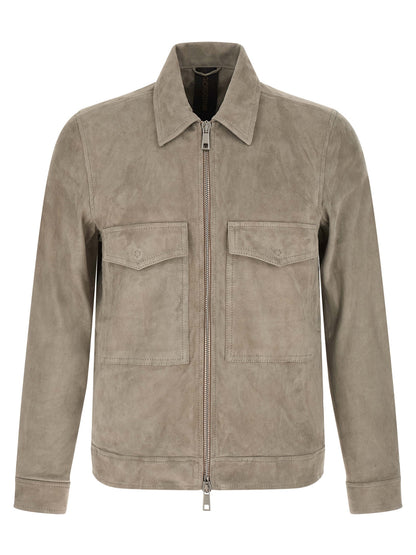 Jacket by GIORGIO BRATO for men in velour & suede lamb leather gray features an utilitarian silhouette with a refined shirt-collar neckline, showcasing sophisticated pockets for an utilitarian aesthetic.