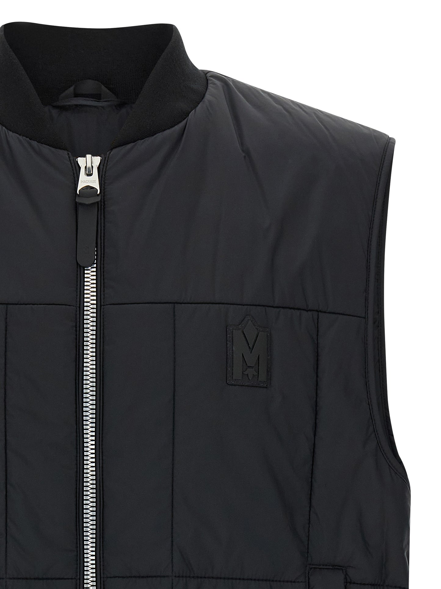 Vest by Mackage for men in nylon & silicone black & silver showcases a dynamic silhouette, perfectly balancing with a dynamic for a sophisticated, high-fashion look.