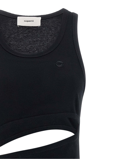 Dress by Coperni for women in organic cotton black showcases a striking silhouette, elegantly detailed with a , refined round neckline, and a striking short mini for a striking finish.