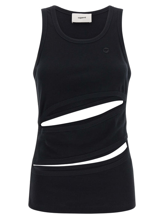 Tank Top by Coperni for women in organic cotton black showcases a sumptuous silhouette, artfully detailed with a sumptuous round neckline and sleeveless for a truly sumptuous finish.