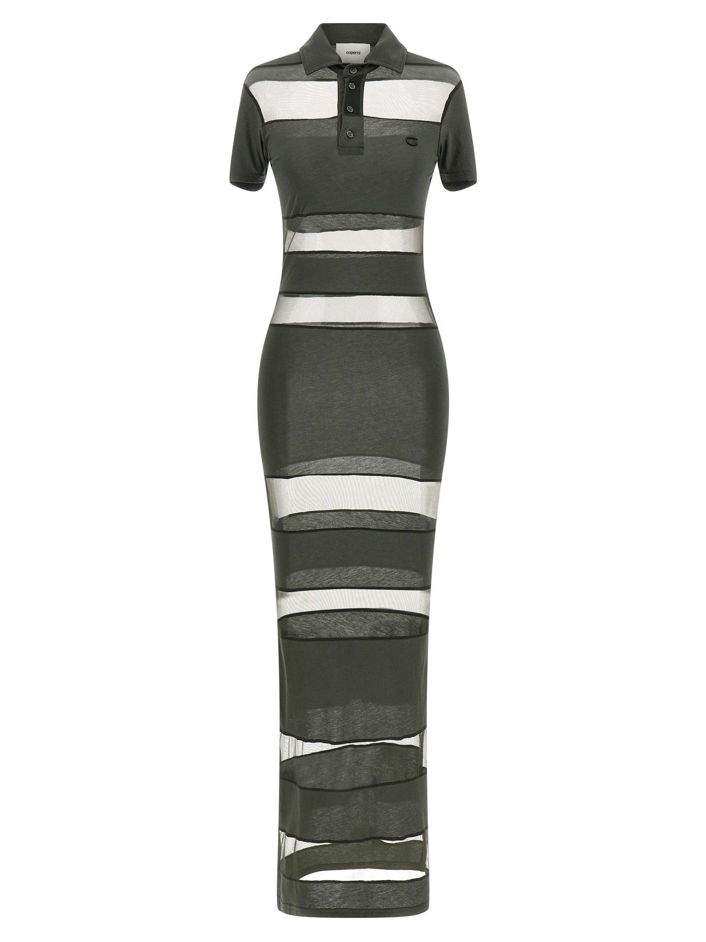 Dress by Coperni for women in stretch polyamide cotton bicolour, green, transparent & striped features a dramatic silhouette, showcasing an elegant split neckline and short-sleeve that flows into a dramatic short long.