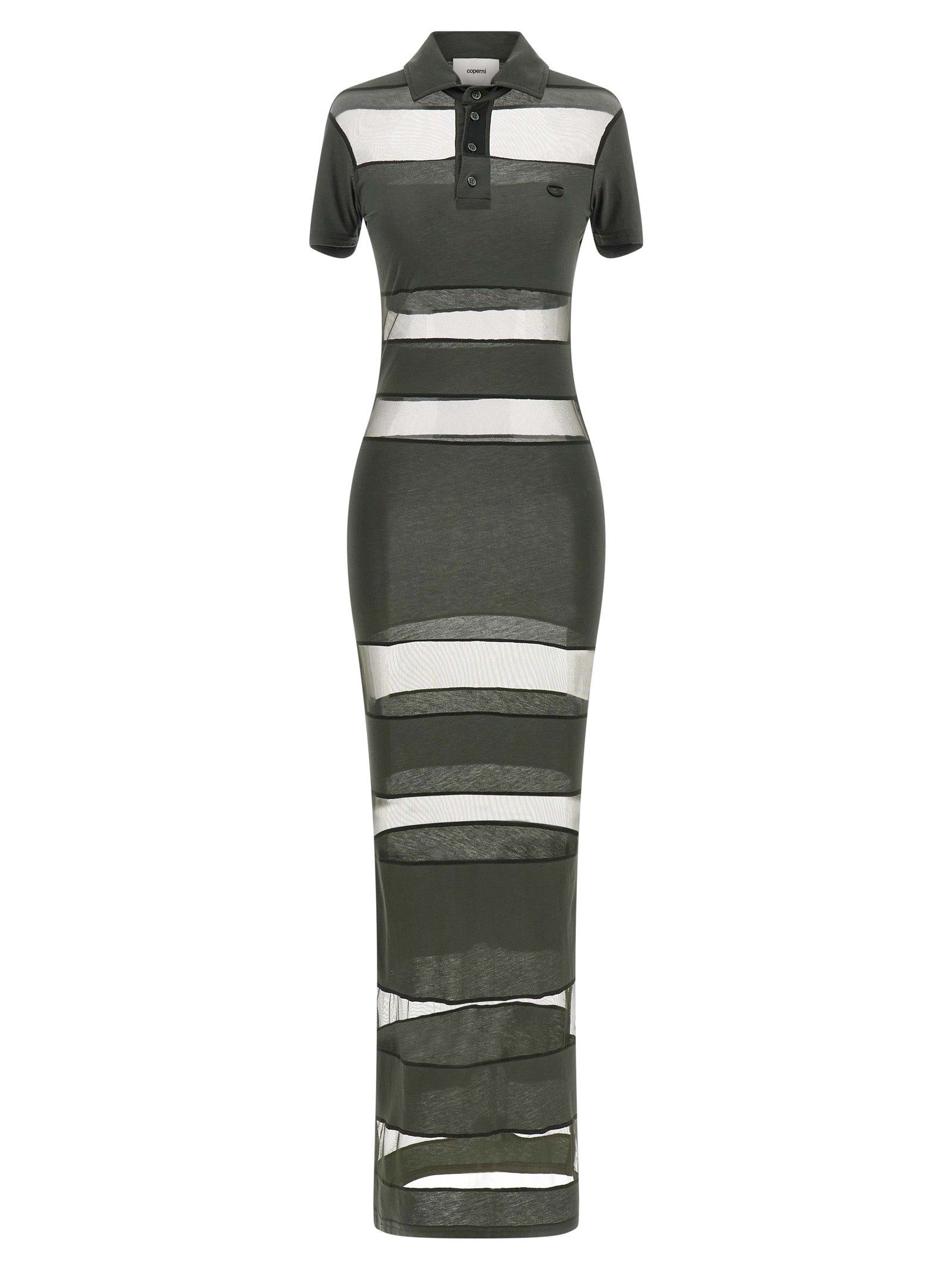 Dress by Coperni for women in stretch polyamide cotton bicolour, green, transparent & striped features a dramatic silhouette, showcasing an elegant split neckline and short-sleeve that flows into a dramatic short long.