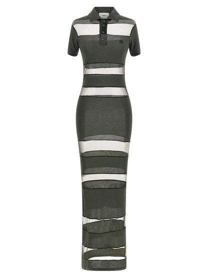 Dress by Coperni for women in stretch polyamide cotton bicolour, green, transparent & striped features a dramatic silhouette, showcasing an elegant split neckline and short-sleeve that flows into a dramatic short long.
