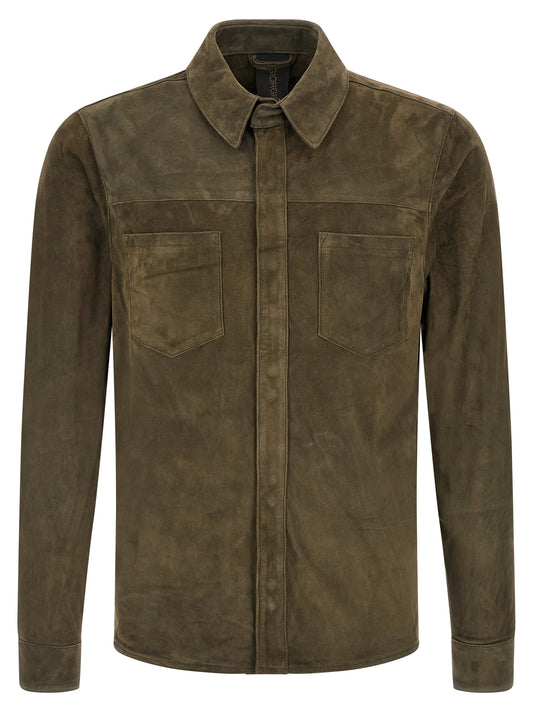 Blouse by GIORGIO BRATO for men in suede leather bicolour & green showcases a sharp silhouette, elegantly detailed with a sharp and sharp .