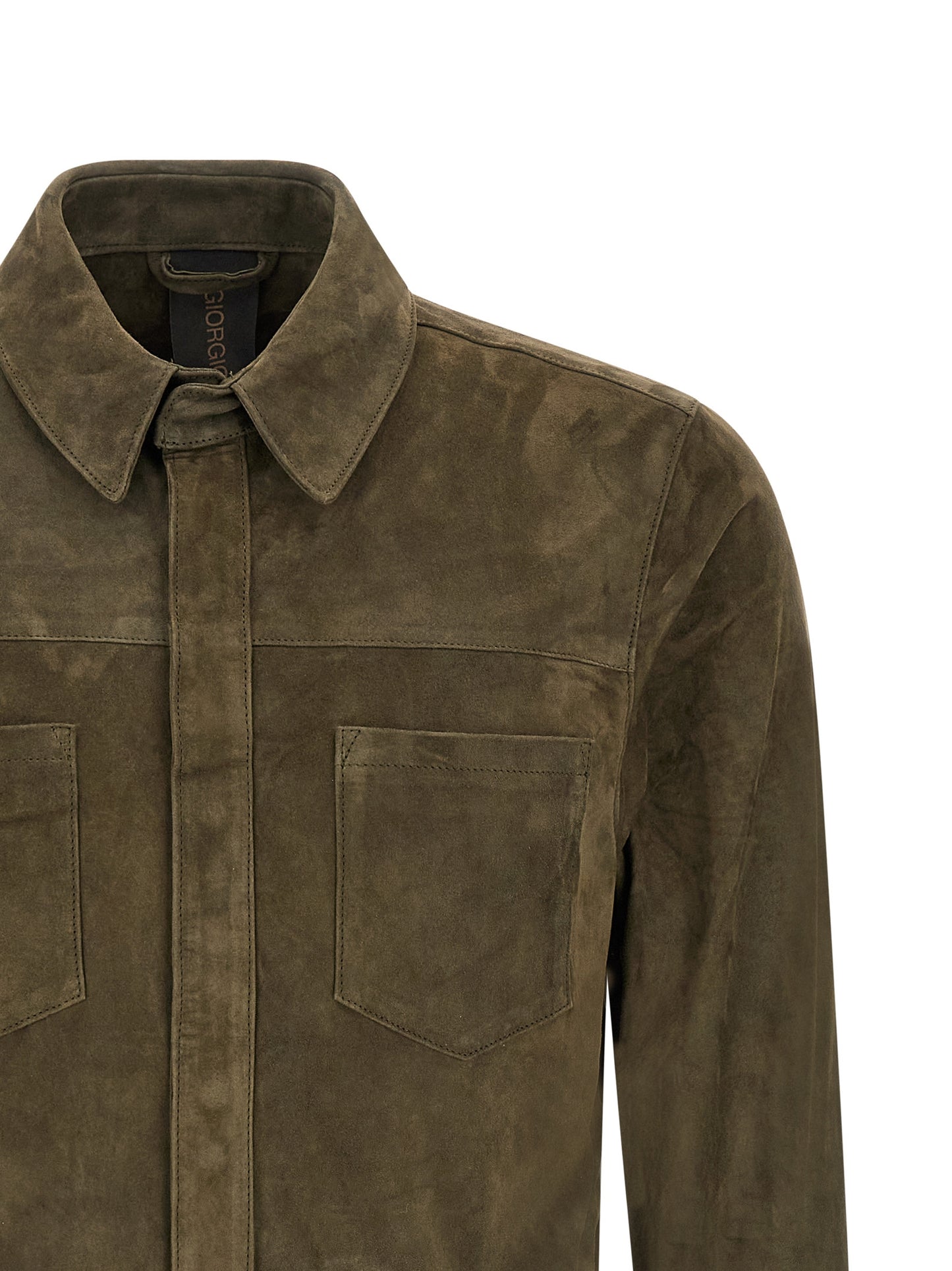 Blouse by GIORGIO BRATO for men in suede leather bicolour & green showcases a sharp silhouette, elegantly detailed with a sharp and sharp .