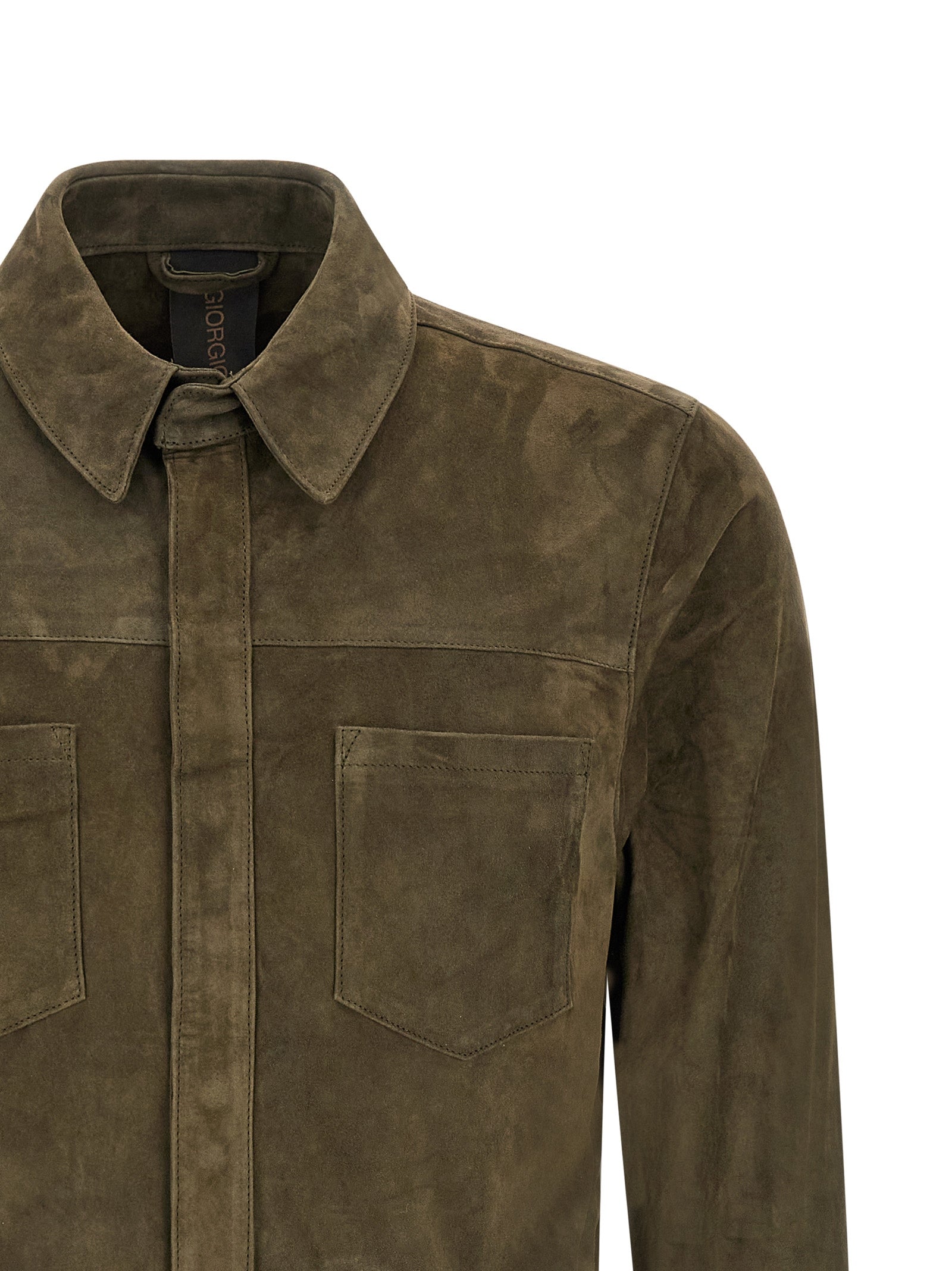 Blouse by GIORGIO BRATO for men in suede leather bicolour & green showcases a sharp silhouette, elegantly detailed with a sharp and sharp .