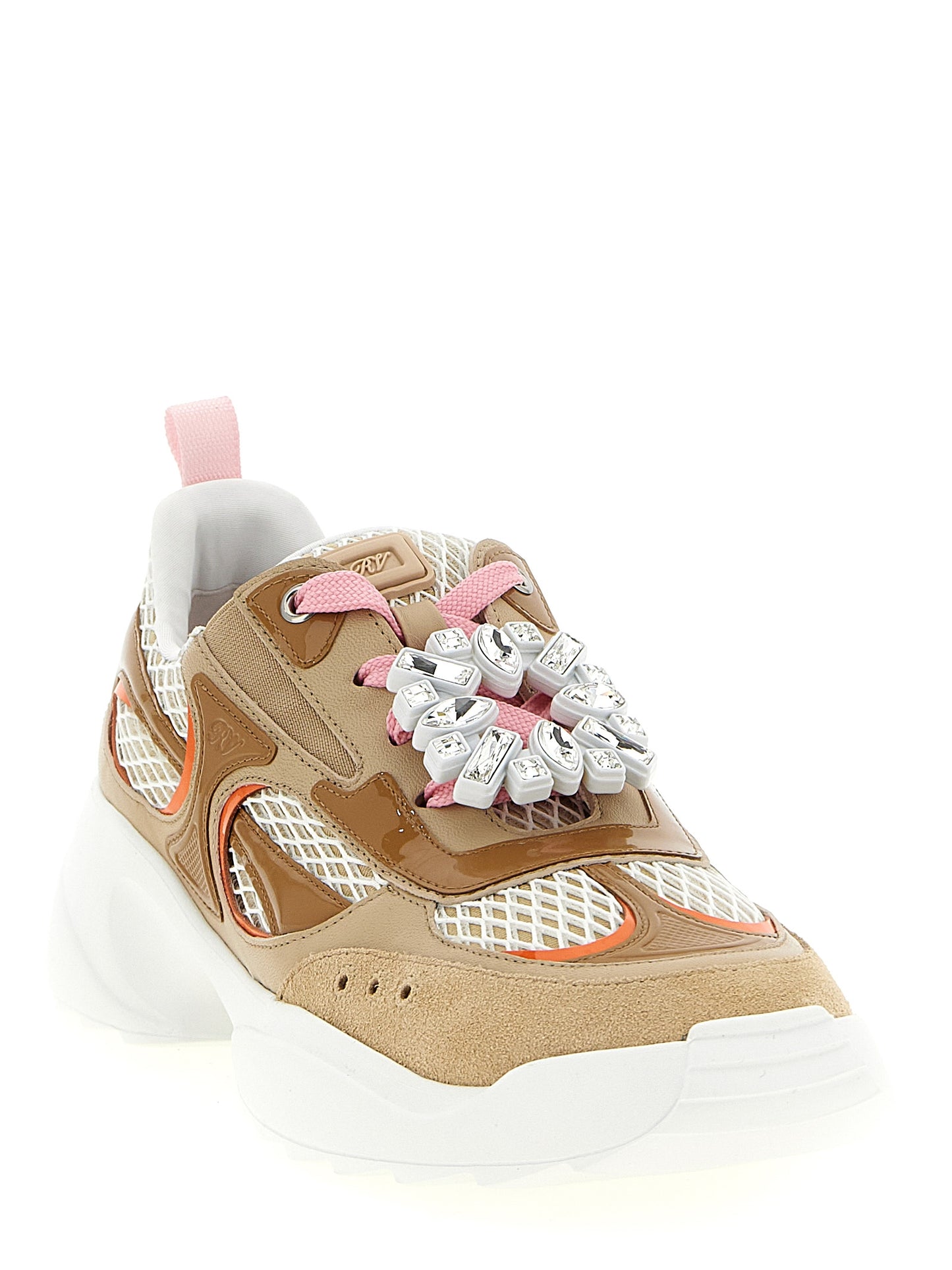 Athletic Sneakers by Roger Vivier for women in nappa & patent calfskin leather beige presents a sleek silhouette, perfectly capturing the athletic style essence of Viv Women's Athletic Nappa & Patent Calfskin Leather Sneakers with its sleek design and premium finish.