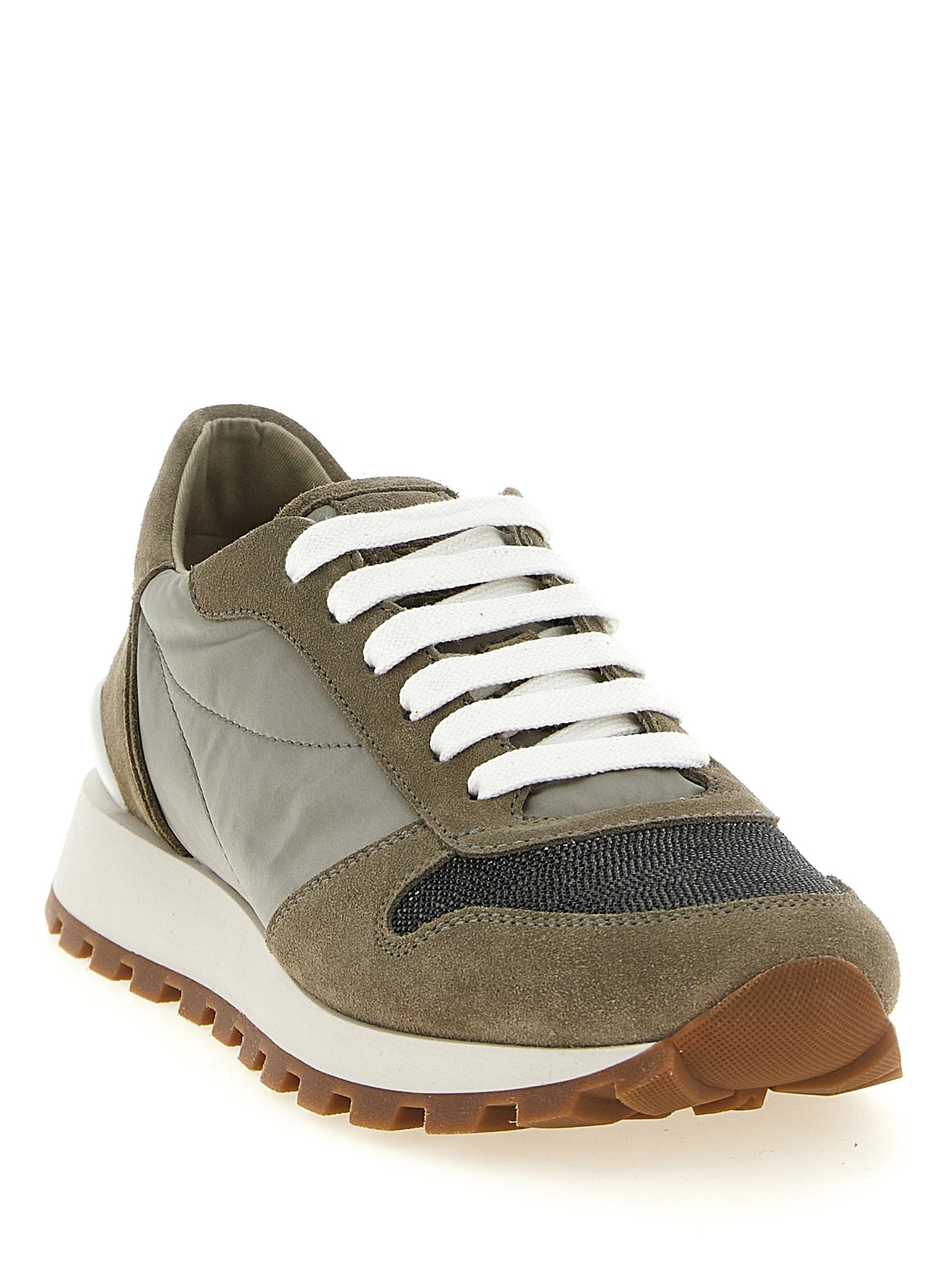 Athletic Sneakers by Brunello Cucinelli for women in tu polyamide polyester suede leather bicolour & green features an exquisite silhouette, showcasing the premium athletic style of the Women's Athletic TU Polyamide Polyester Suede Leather Sneakers with an exquisite finish.