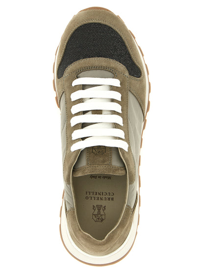 Athletic Sneakers by Brunello Cucinelli for women in tu polyamide polyester suede leather bicolour & green showcases an impeccable silhouette, defined by an impeccable athletic style design that perfectly captures the essence of the Women's Athletic TU Polyamide Polyester Suede Leather Sneakers.