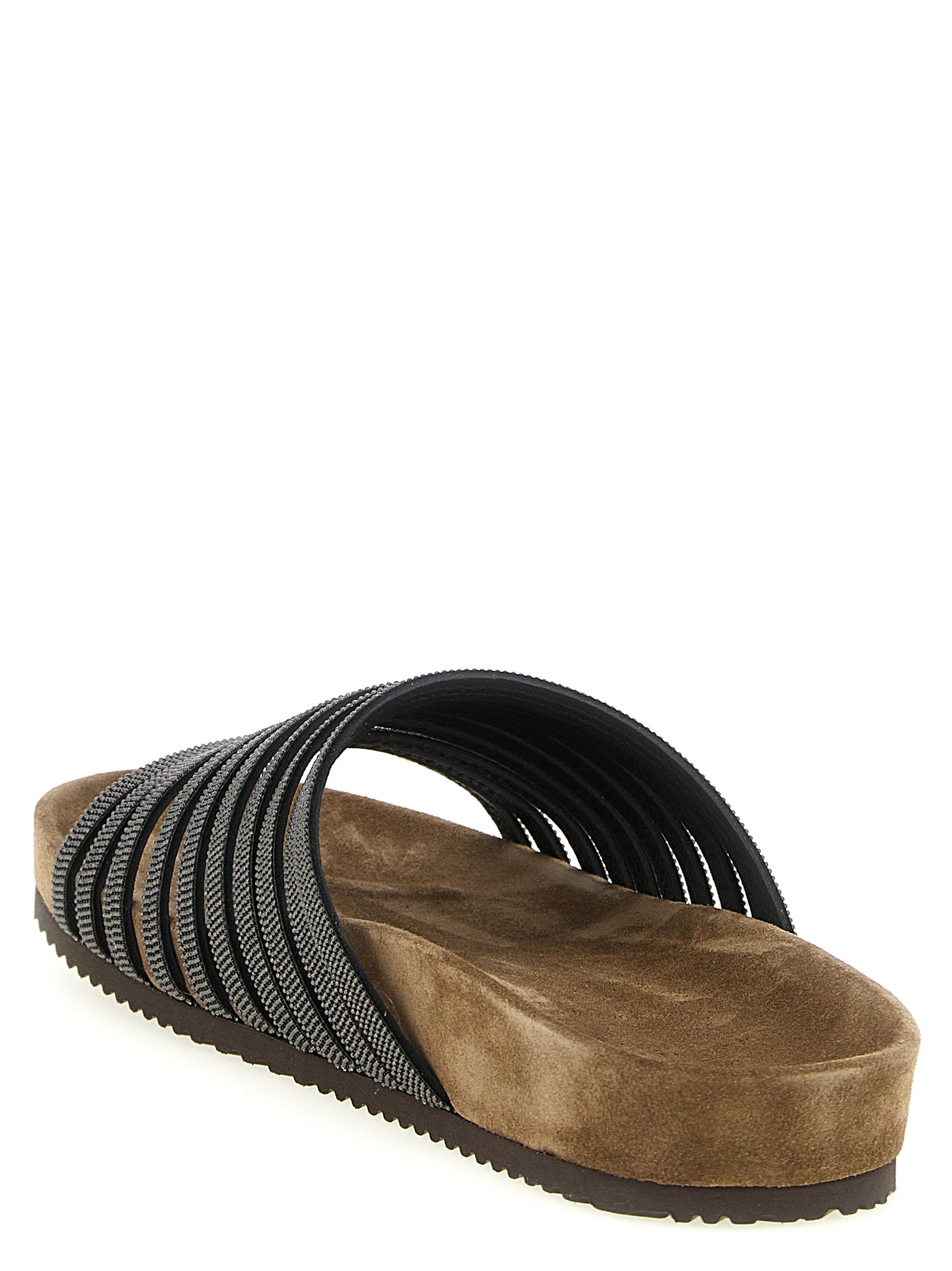 Sliders Flat Shoes by Brunello Cucinelli for women in tu & suede lamb leather black features an captivating silhouette, showcasing the captivating style of the Monile Women's TU & Suede Lamb Leather Sliders Flat Shoes with its distinct and refined .