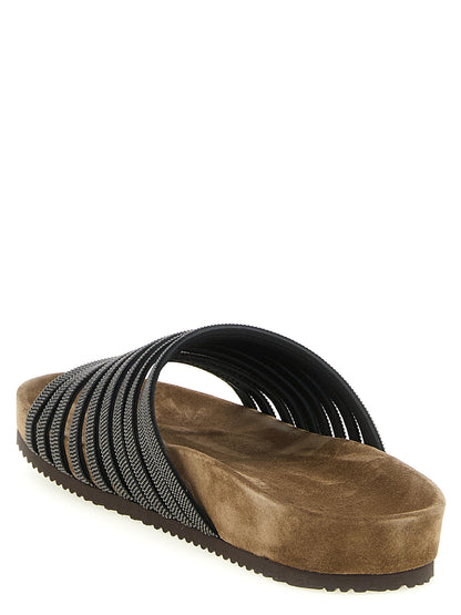 Sliders Flat Shoes by Brunello Cucinelli for women in tu & suede lamb leather black features an captivating silhouette, showcasing the captivating style of the Monile Women's TU & Suede Lamb Leather Sliders Flat Shoes with its distinct and refined .