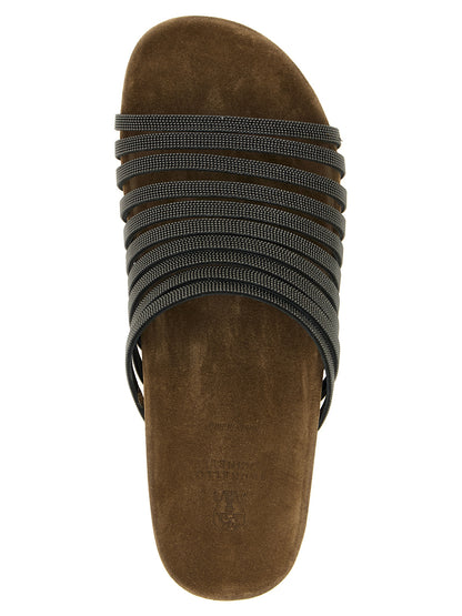 Sliders Flat Shoes by Brunello Cucinelli for women in tu & suede lamb leather black features an statuesque silhouette from the Monile Women's TU & Suede Lamb Leather Sliders Flat Shoes collection, showcasing a and a statuesque for a statuesque look.