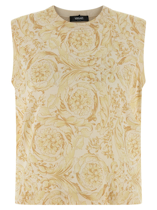 Vest by Versace for women in silk bicolour, yellow, patterned & print features a chic silhouette, expertly detailed with a refined and premium for a truly chic look.