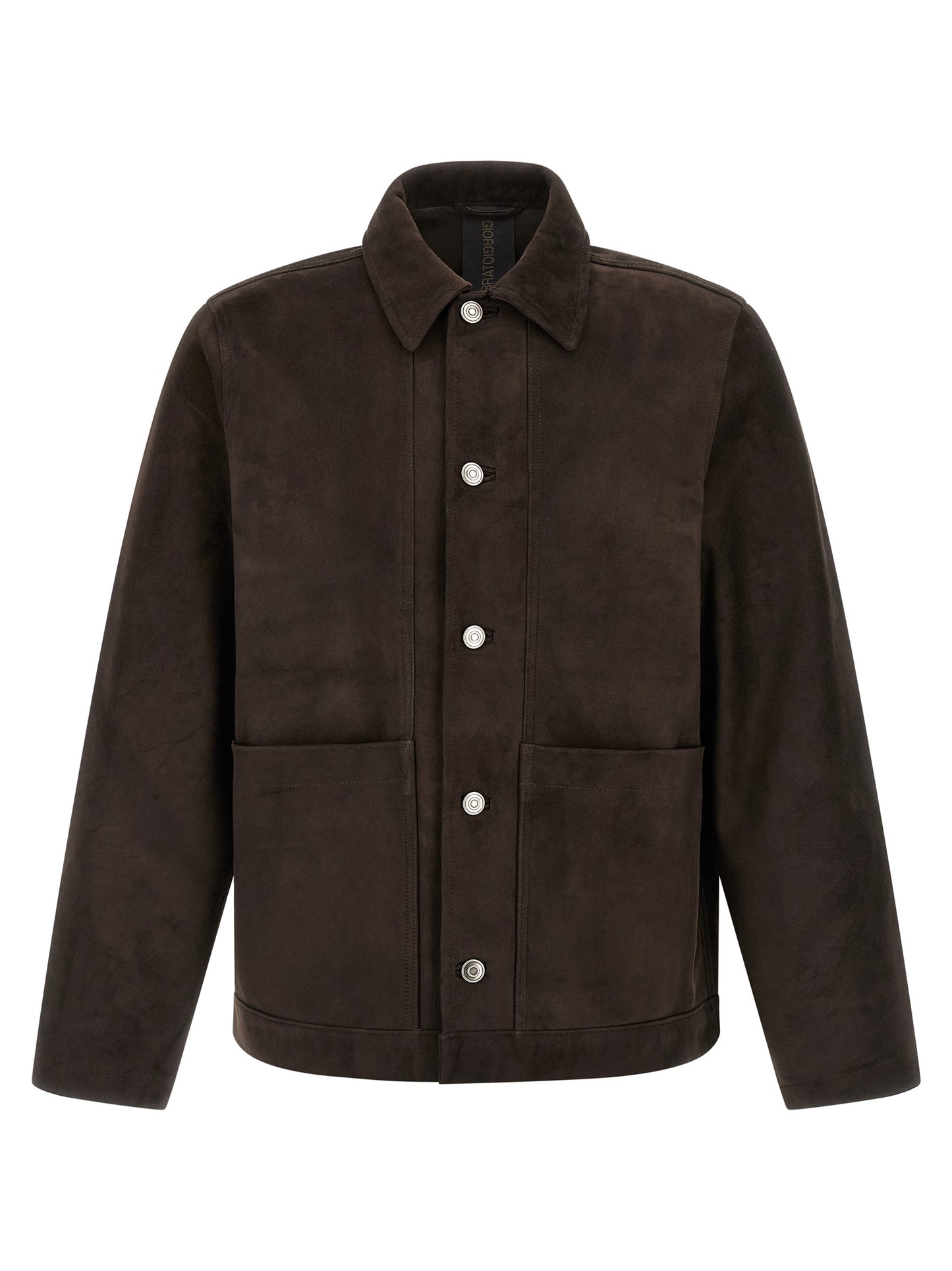 Jacket by GIORGIO BRATO for men in suede leather brown showcases a enveloping silhouette, artfully detailed with a enveloping shirt-collar neckline and premium pockets for a truly enveloping finish.
