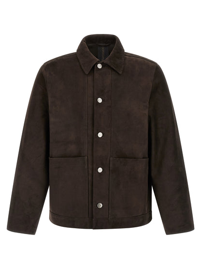 Jacket by GIORGIO BRATO for men in suede leather brown showcases a enveloping silhouette, artfully detailed with a enveloping shirt-collar neckline and premium pockets for a truly enveloping finish.