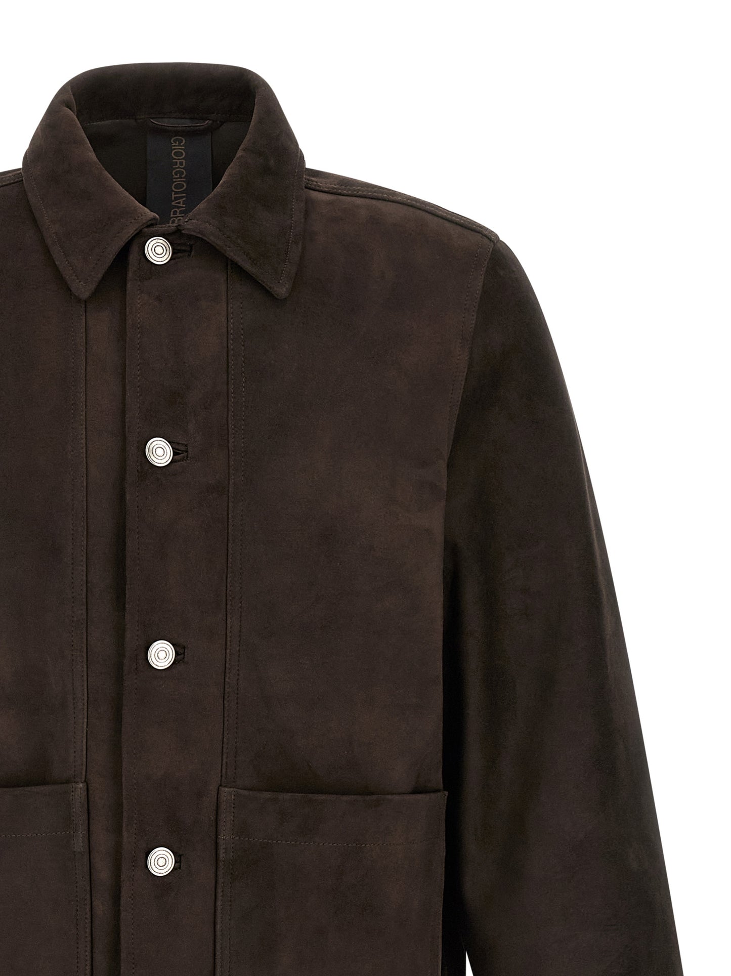 Jacket by GIORGIO BRATO for men in suede leather brown features a smart silhouette, perfectly accentuated by its unique shirt-collar neckline and functional pockets for a smart finish.