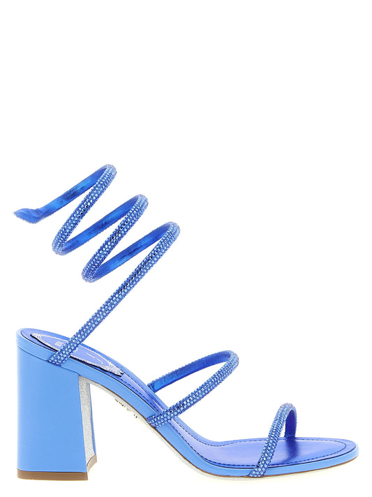 Stiletto Sandals by RENE CAOVILLA for women in viscose silk & leather blue showcases a sculptural silhouette as Women's Viscose Silk & Leather Stiletto Sandals, defined by a sculptural stiletto block-heel and sculptural for a sculptural look.