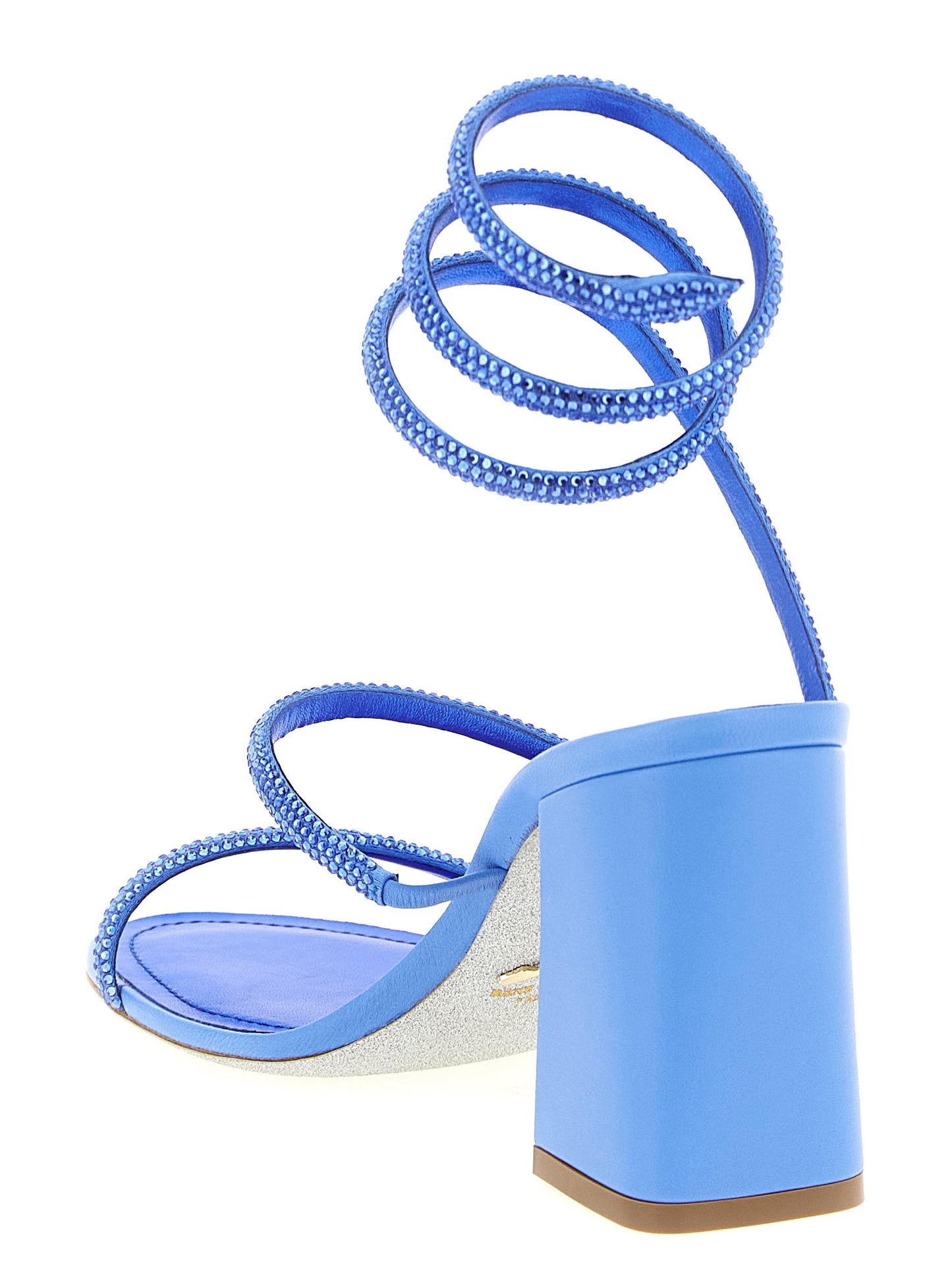 Stiletto Sandals by RENE CAOVILLA for women in viscose silk & leather blue presents a sculptural silhouette, showcasing the Women's Viscose Silk & Leather Stiletto Sandals design with a sculptural stiletto block-heel and for a premium look.