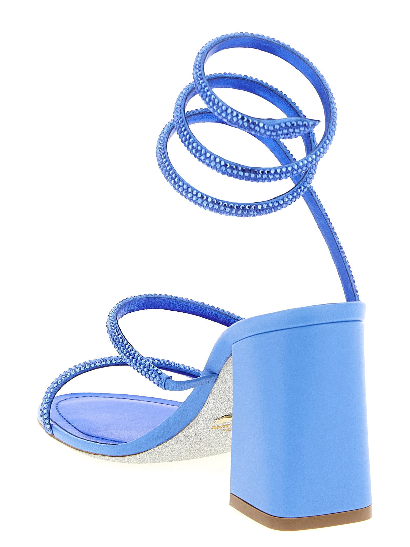 Stiletto Sandals by RENE CAOVILLA for women in viscose silk & leather blue presents a sculptural silhouette, showcasing the Women's Viscose Silk & Leather Stiletto Sandals design with a sculptural stiletto block-heel and for a premium look.