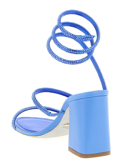 Stiletto Sandals by RENE CAOVILLA for women in viscose silk & leather blue presents a sculptural silhouette, showcasing the Women's Viscose Silk & Leather Stiletto Sandals design with a sculptural stiletto block-heel and for a premium look.