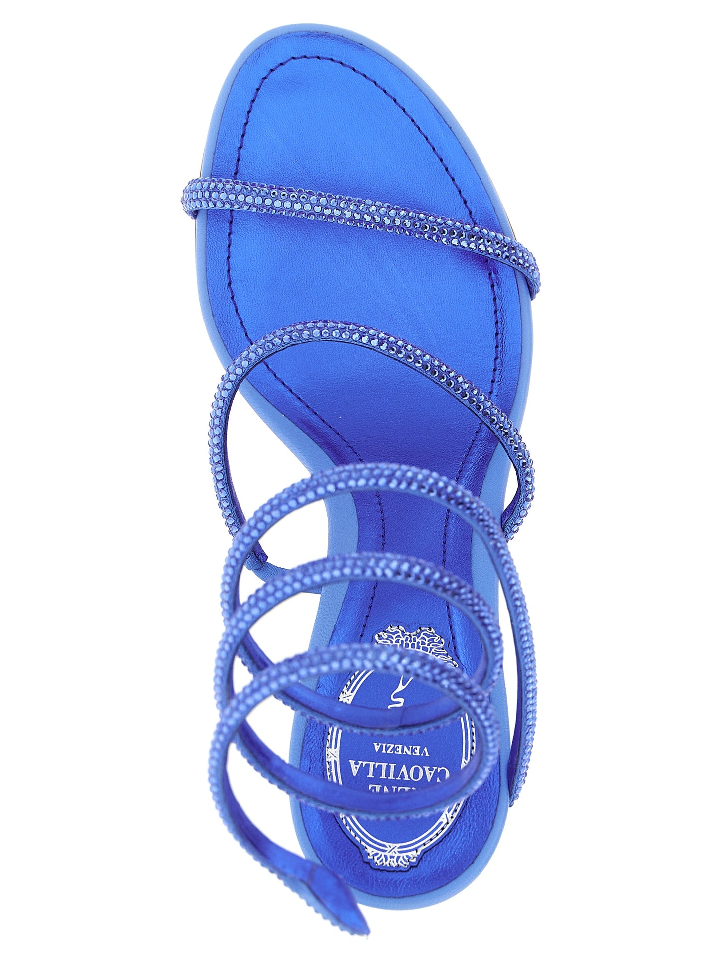 Stiletto Sandals by RENE CAOVILLA for women in viscose silk & leather blue features an effortlessly chic silhouette from the Women's Viscose Silk & Leather Stiletto Sandals collection, showcasing a effortlessly chic stiletto block-heel and elegant .