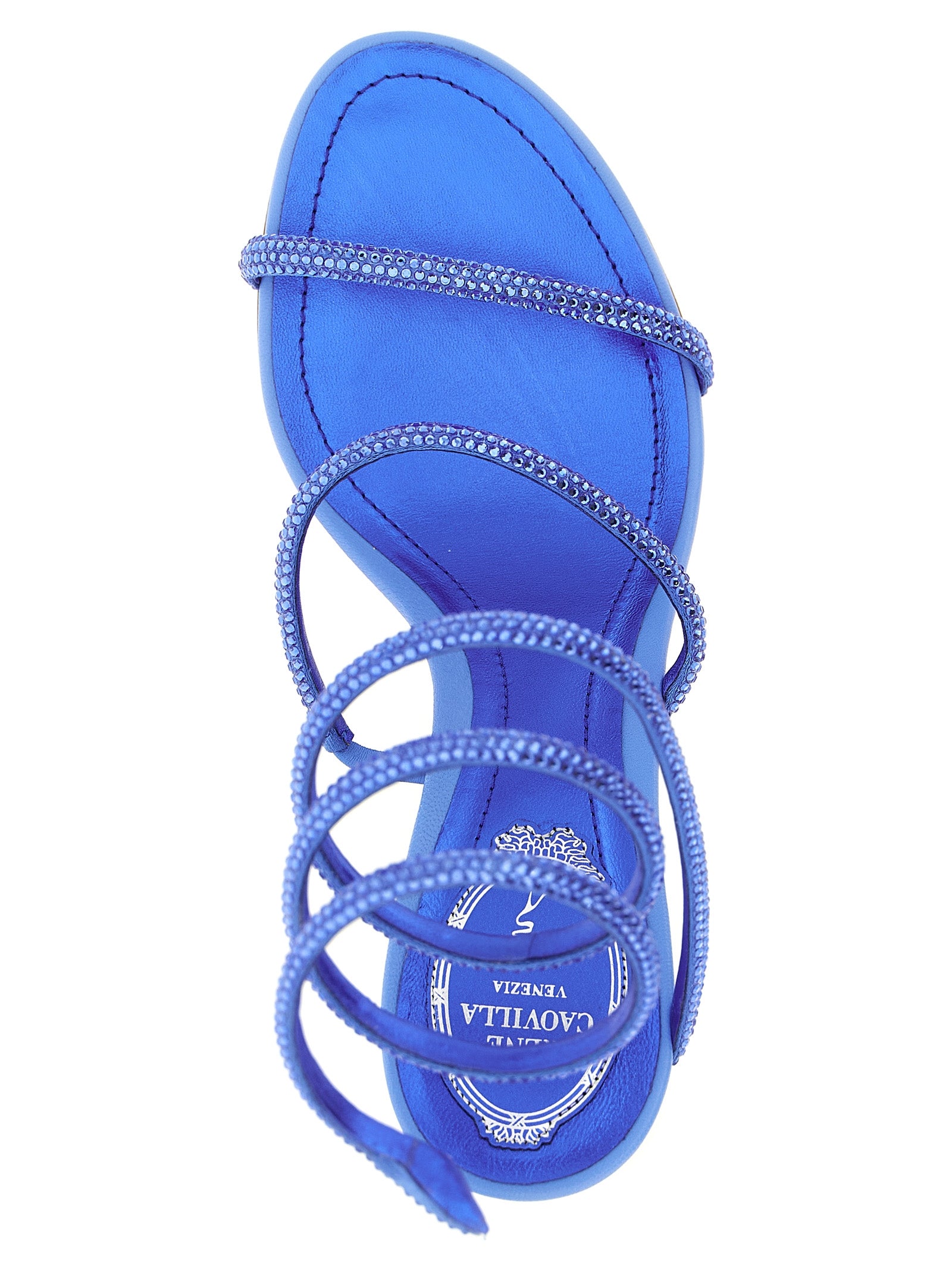 Stiletto Sandals by RENE CAOVILLA for women in viscose silk & leather blue features an effortlessly chic silhouette from the Women's Viscose Silk & Leather Stiletto Sandals collection, showcasing a effortlessly chic stiletto block-heel and elegant .