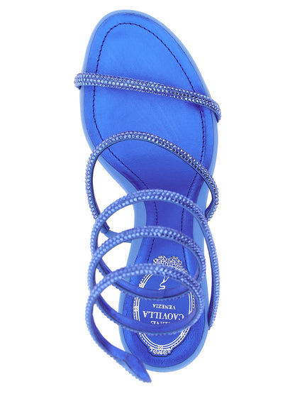 Stiletto Sandals by RENE CAOVILLA for women in viscose silk & leather blue features an effortlessly chic silhouette from the Women's Viscose Silk & Leather Stiletto Sandals collection, showcasing a effortlessly chic stiletto block-heel and elegant .