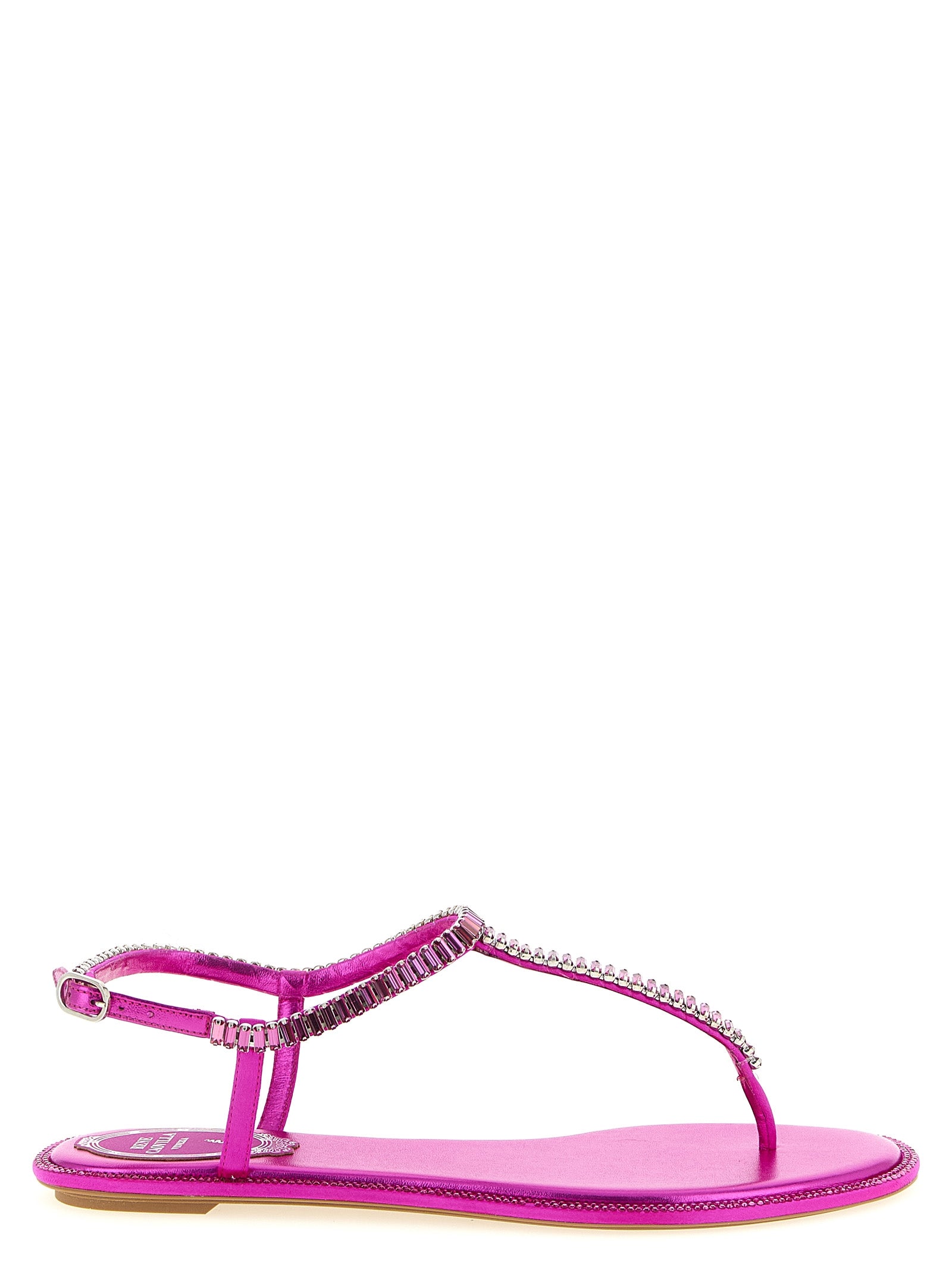 Flat Flip-Flop Sandals by RENE CAOVILLA for women in silk viscose leather & rhinestone fuchsia presents a sculptural silhouette, showcasing the Women's Silk Viscose Leather & Rhinestone Flat Flip-Flop Sandals design with a sculptural flat and for a premium look.