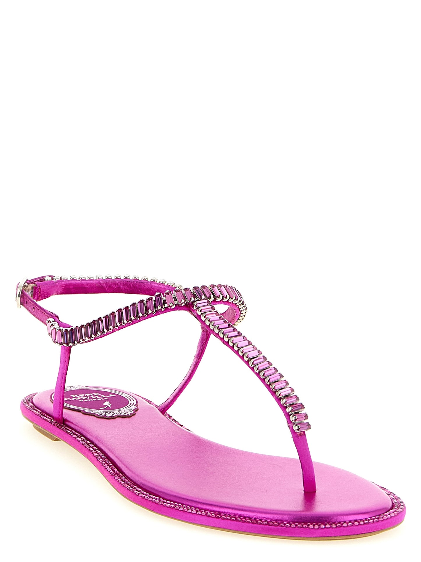 Flat Flip-Flop Sandals by RENE CAOVILLA for women in silk viscose leather & rhinestone fuchsia features an exquisite silhouette, showcasing the exquisite Women's Silk Viscose Leather & Rhinestone Flat Flip-Flop Sandals with a flat and .