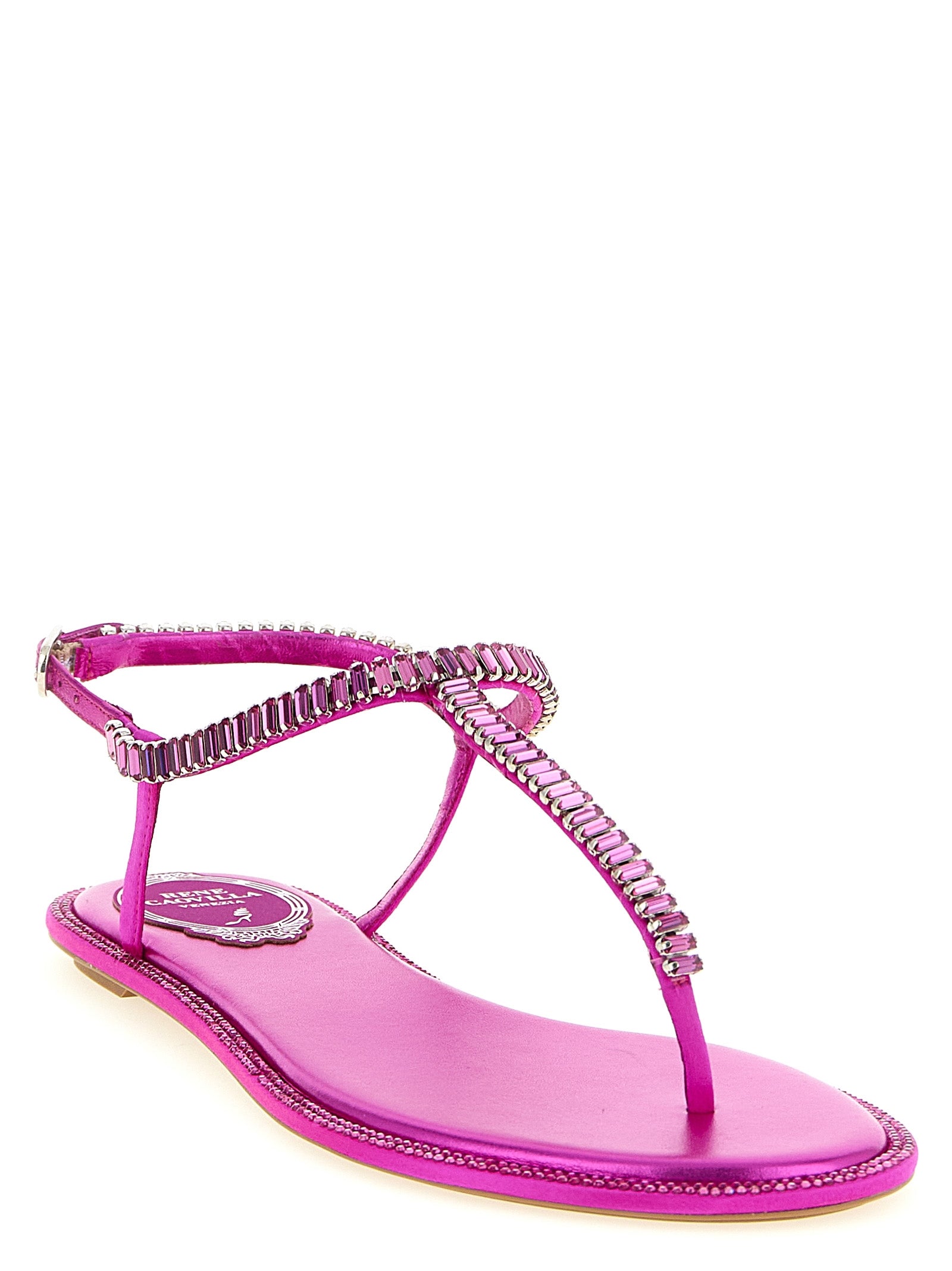 Flat Flip-Flop Sandals by RENE CAOVILLA for women in silk viscose leather & rhinestone fuchsia features an exquisite silhouette, showcasing the exquisite Women's Silk Viscose Leather & Rhinestone Flat Flip-Flop Sandals with a flat and .