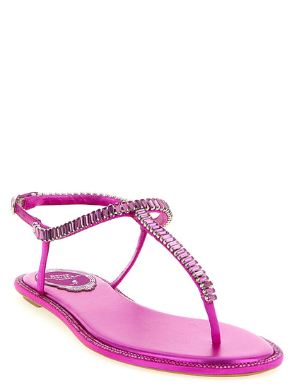 Flat Flip-Flop Sandals by RENE CAOVILLA for women in silk viscose leather & rhinestone fuchsia features an exquisite silhouette, showcasing the exquisite Women's Silk Viscose Leather & Rhinestone Flat Flip-Flop Sandals with a flat and .