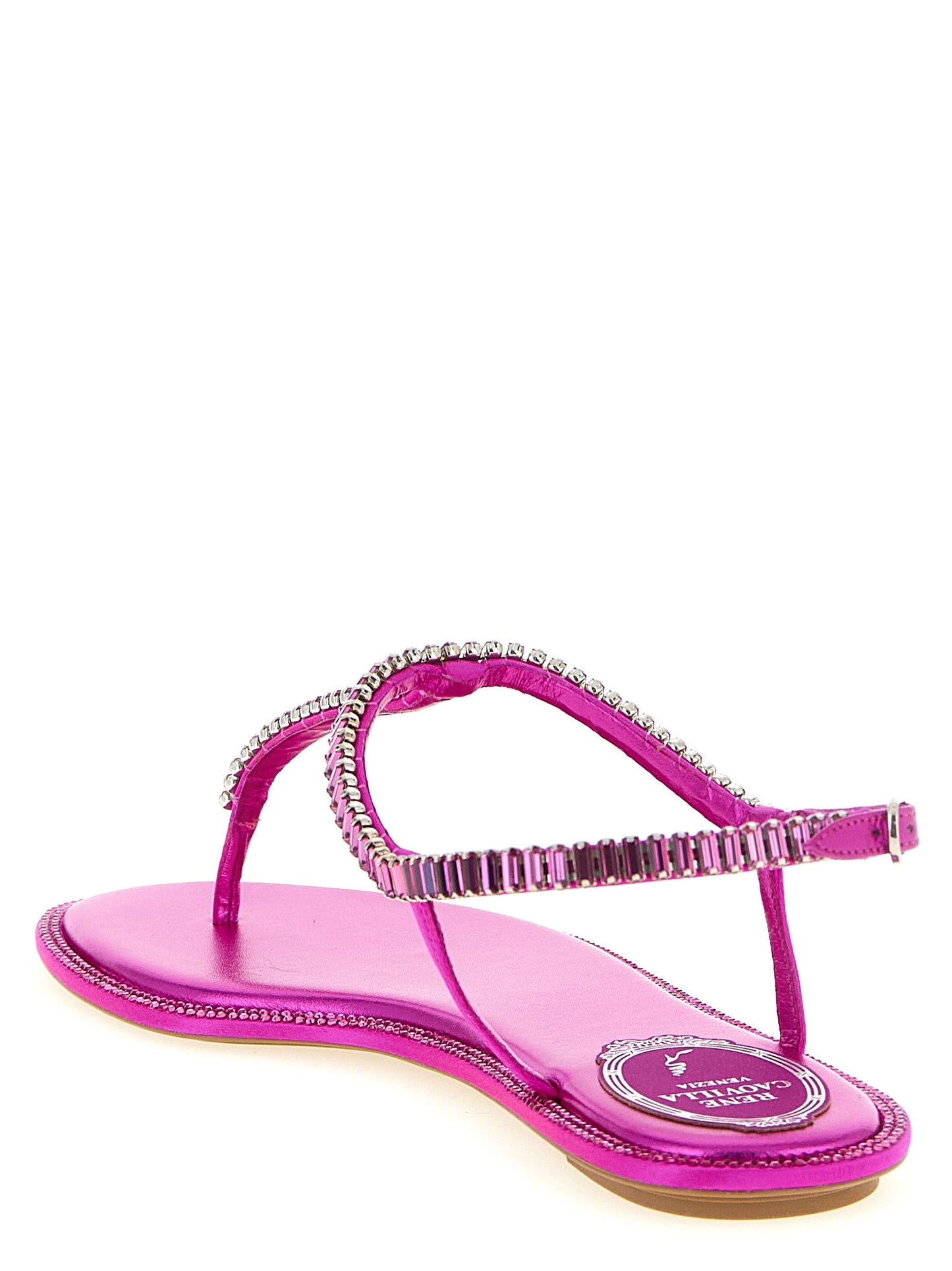 Flat Flip-Flop Sandals by RENE CAOVILLA for women in silk viscose leather & rhinestone fuchsia showcases a sculptural silhouette as Women's Silk Viscose Leather & Rhinestone Flat Flip-Flop Sandals, defined by a sculptural flat and sculptural for a sculptural look.