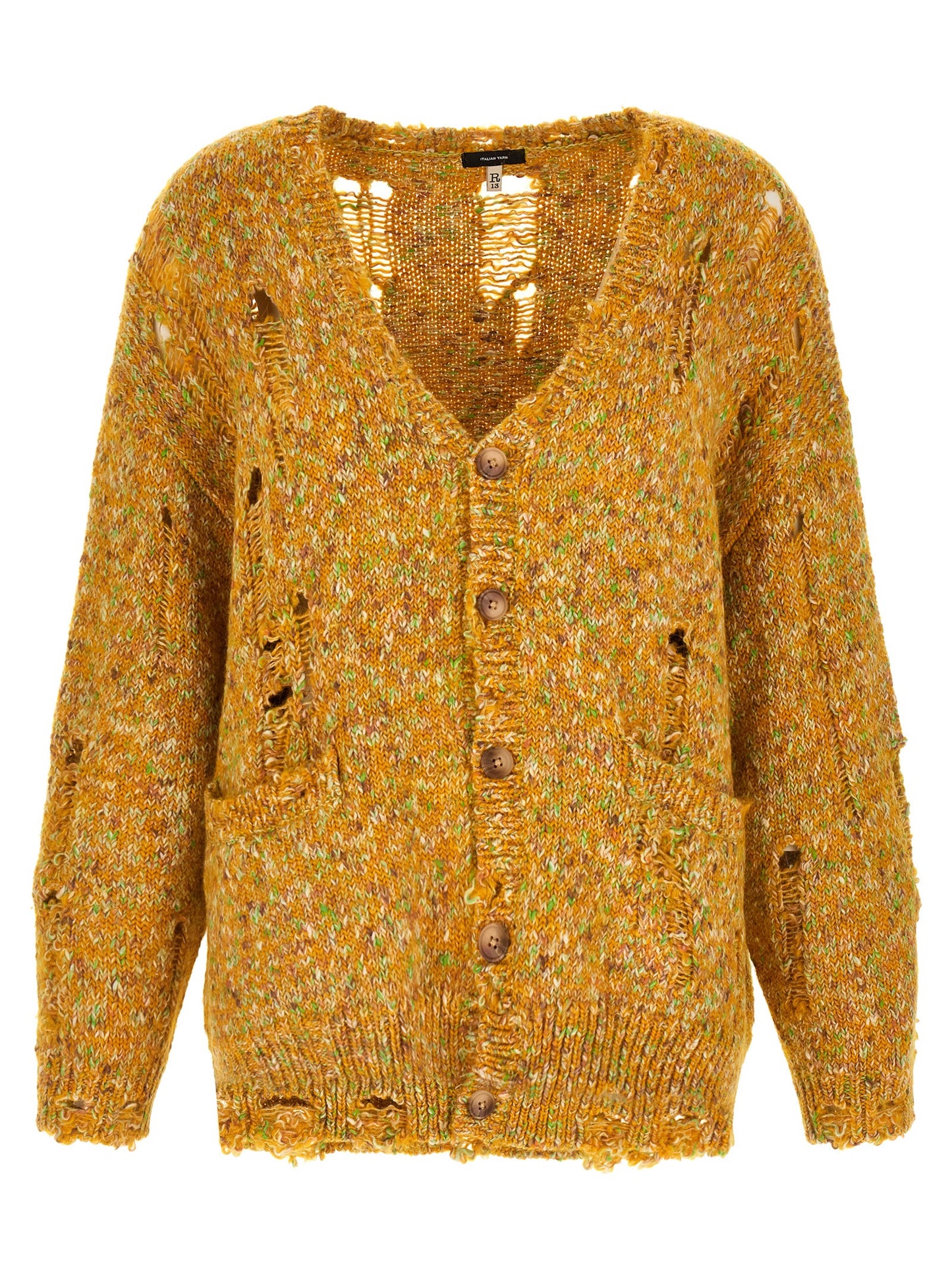 Cardigan by R13 for women in poly cotton alpaca wool & leather bicolour, yellow & patterned showcases a captivating silhouette, artfully detailed with a captivating long-sleeve and v-neck neckline for a truly sophisticated captivating look.