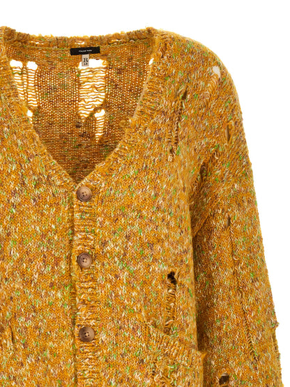 Cardigan by R13 for women in poly cotton alpaca wool & leather bicolour, yellow & patterned showcases a luxurious silhouette, meticulously detailed with a sophisticated v-neck neckline and for a refined finish.