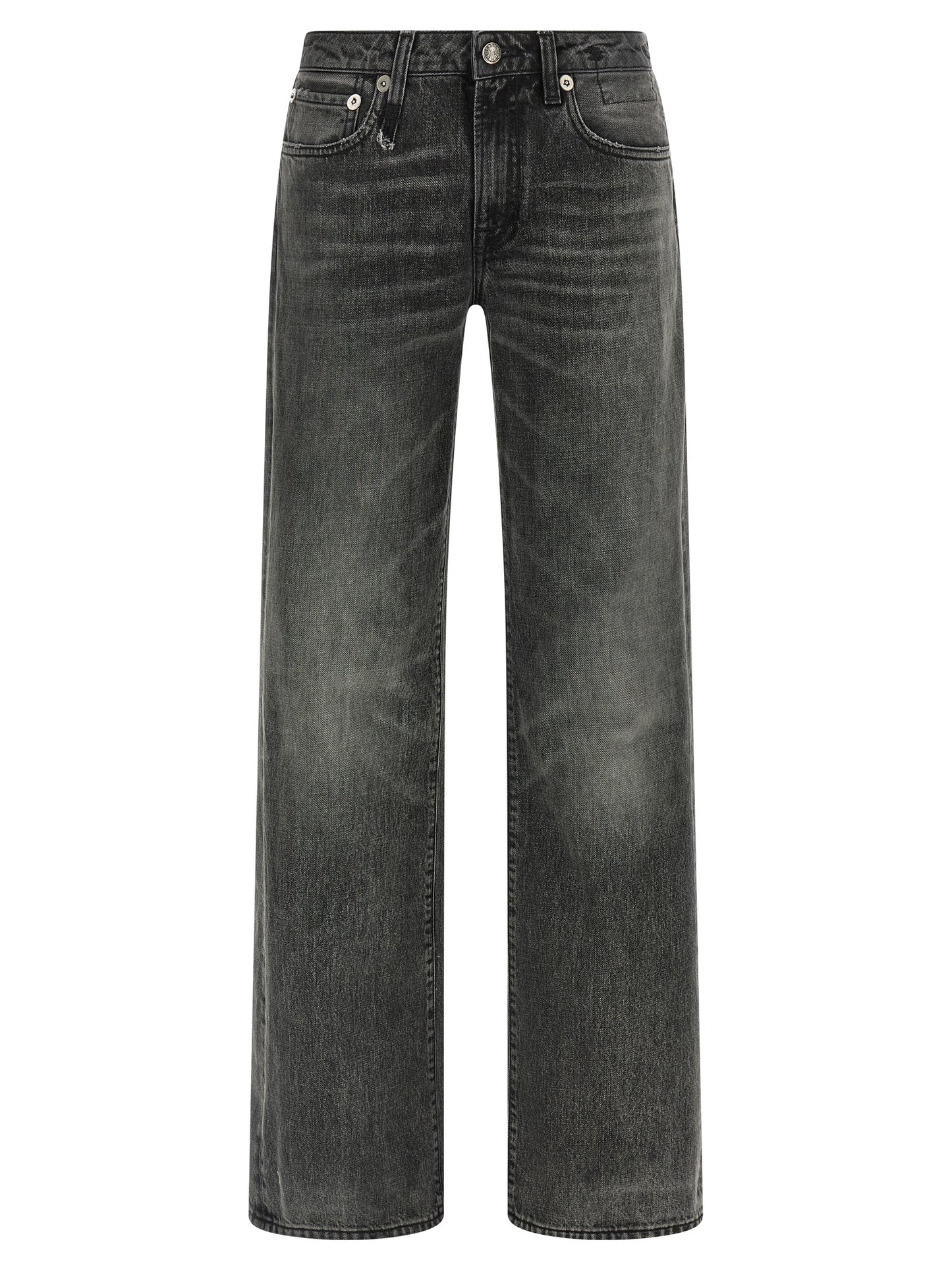 Jeans by R13 for women in denim cotton gray & signature presents a tailored silhouette, showcasing a tailored straight-leg and long cut with a refined low rise for a truly tailored aesthetic.