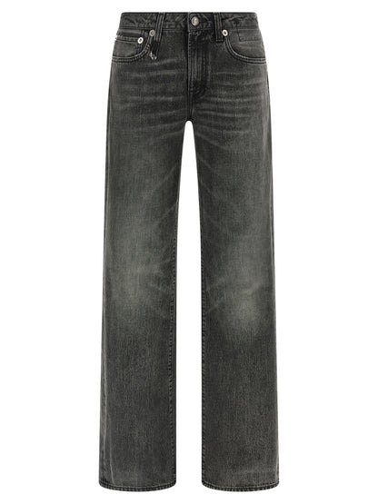 Jeans by R13 for women in denim cotton gray & signature presents a tailored silhouette, showcasing a tailored straight-leg and long cut with a refined low rise for a truly tailored aesthetic.