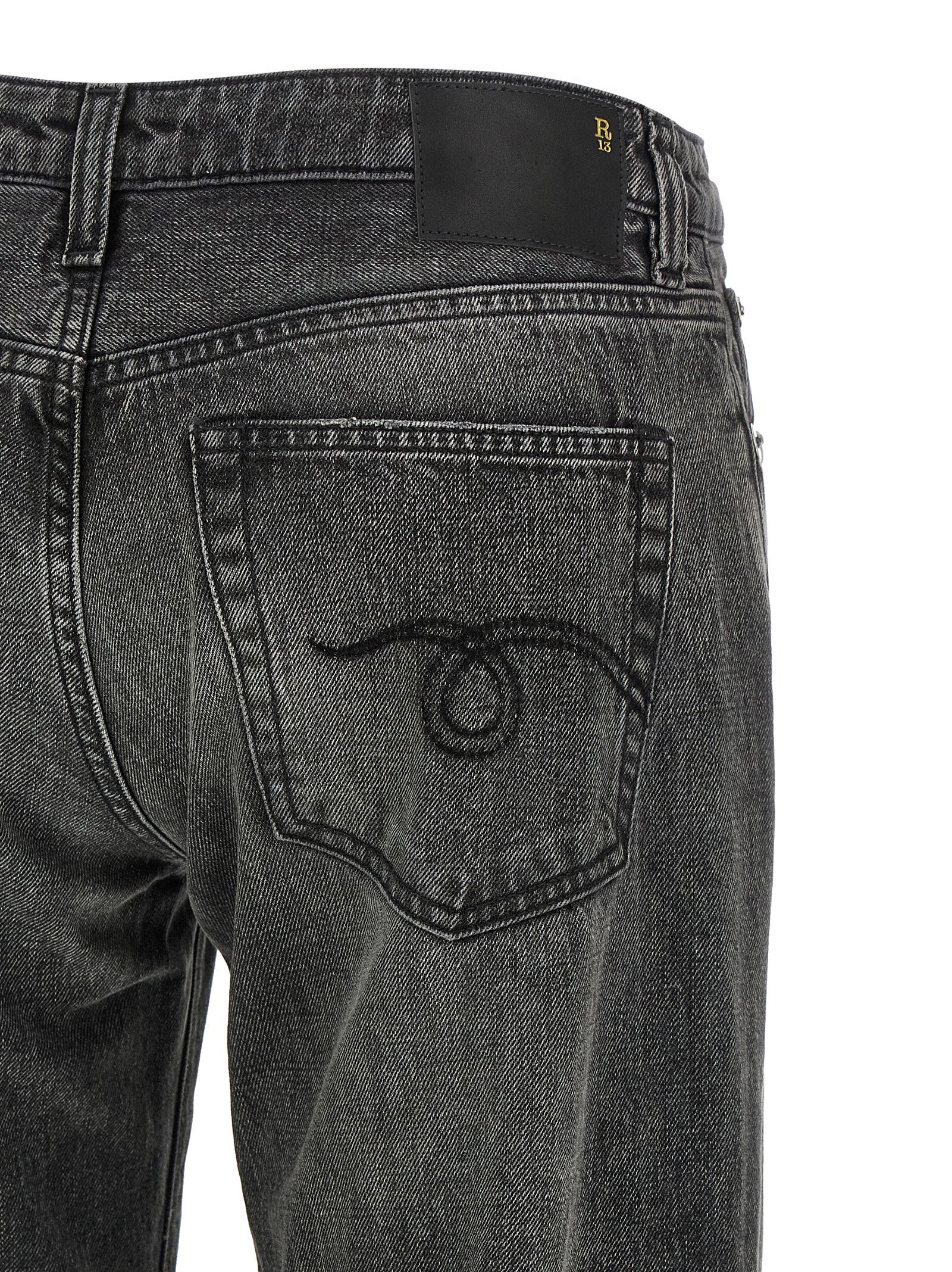 Jeans by R13 for women in denim cotton gray & signature features an sartorial straight-leg and long with a low rise cut for a sartorial finish.