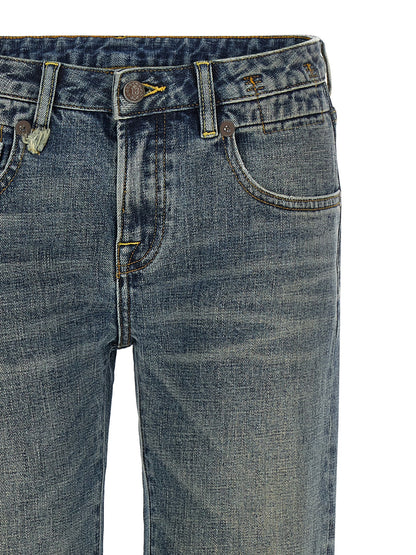 Jeans by R13 for women in polyurethane & denim cotton blue & signature presents a tailored silhouette, showcasing a tailored straight-leg & flared and long cut with a refined low rise for a truly tailored aesthetic.