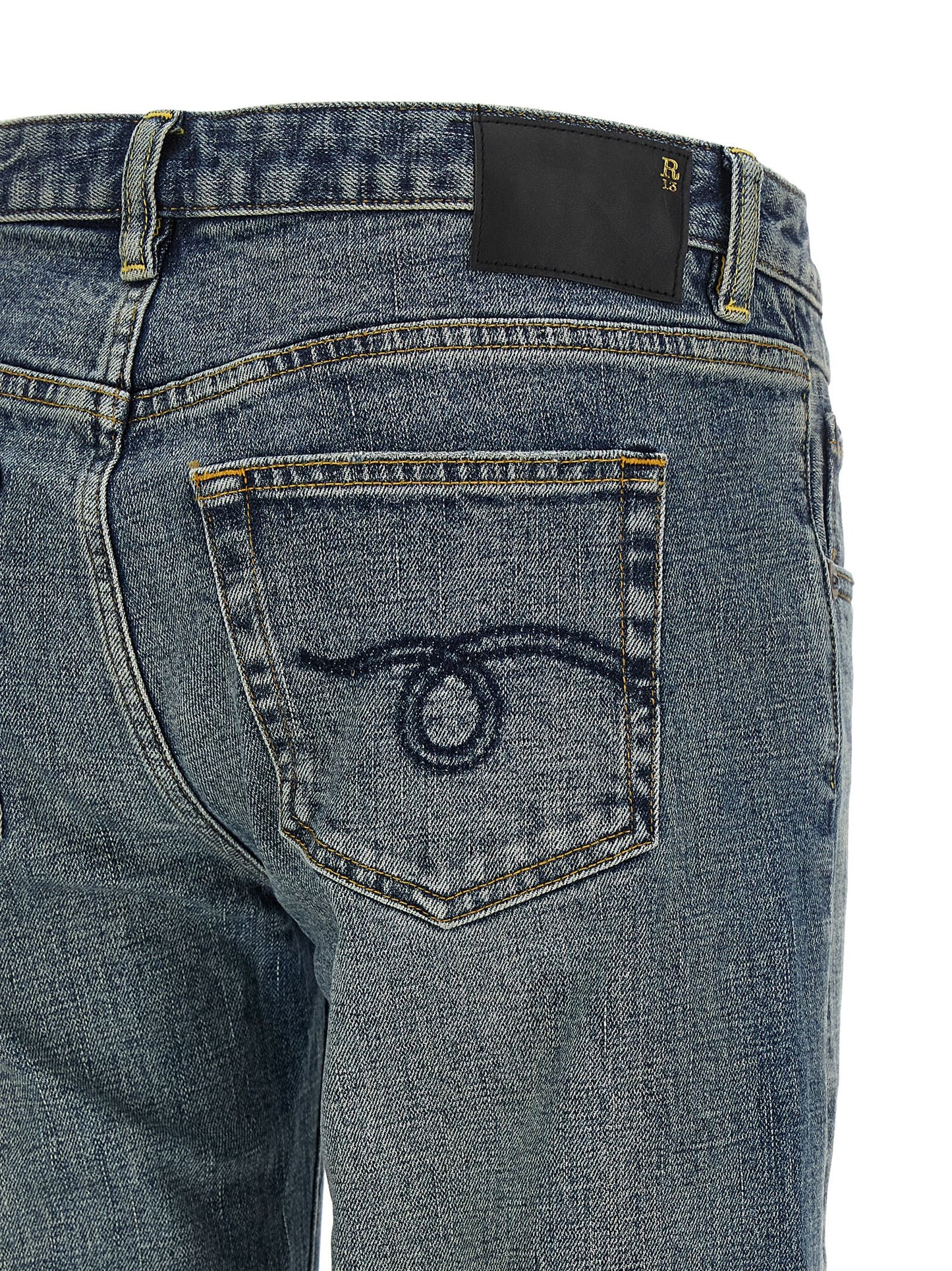 Jeans by R13 for women in polyurethane & denim cotton blue & signature features an sartorial straight-leg & flared and long with a low rise cut for a sartorial finish.