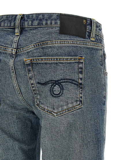 Jeans by R13 for women in polyurethane & denim cotton blue & signature features an sartorial straight-leg & flared and long with a low rise cut for a sartorial finish.