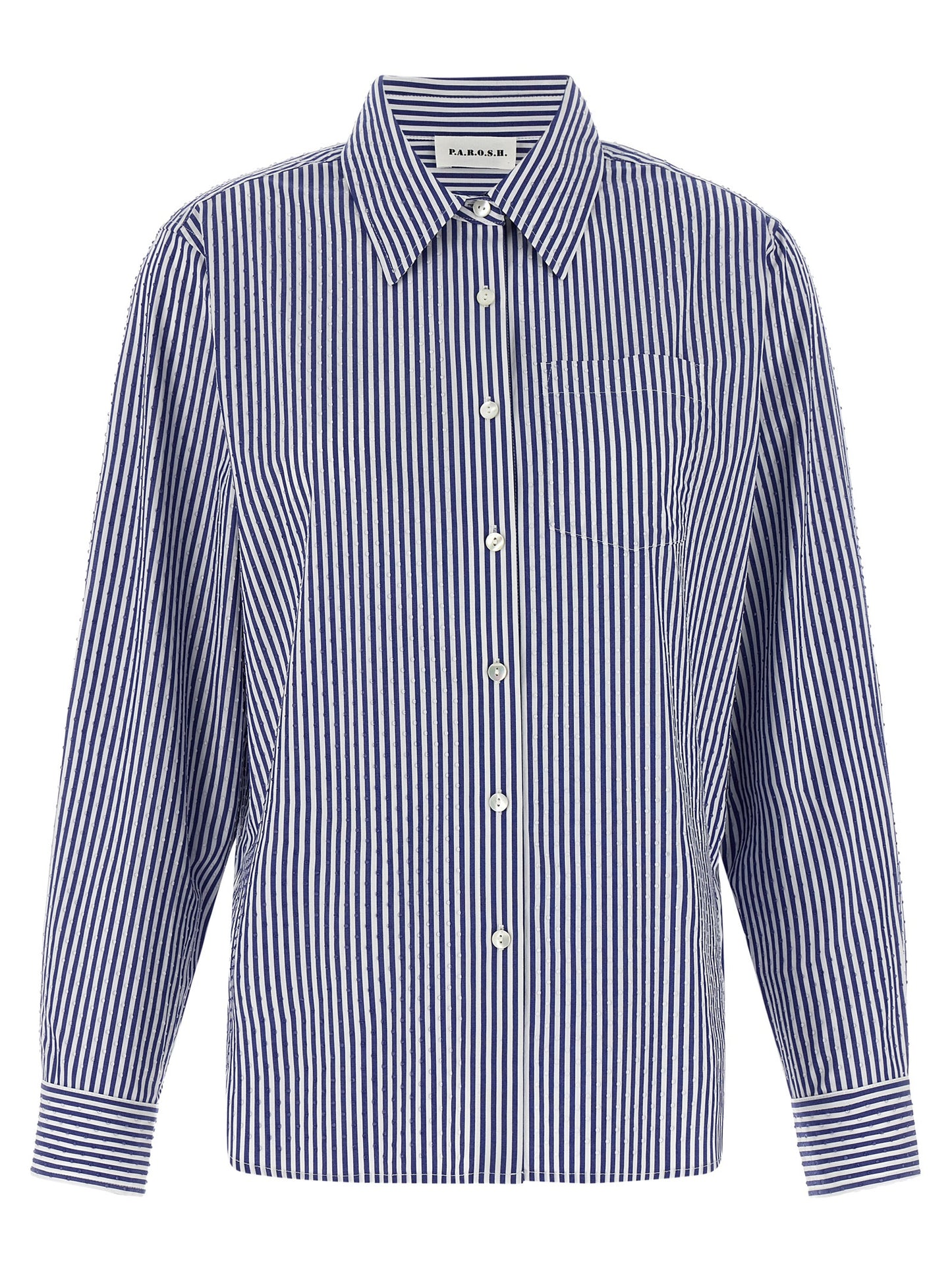 Blouse by P.A.R.O.S.H. for women in cotton & rhinestone blue & striped showcases a sharp silhouette, elegantly detailed with a sharp and sharp .