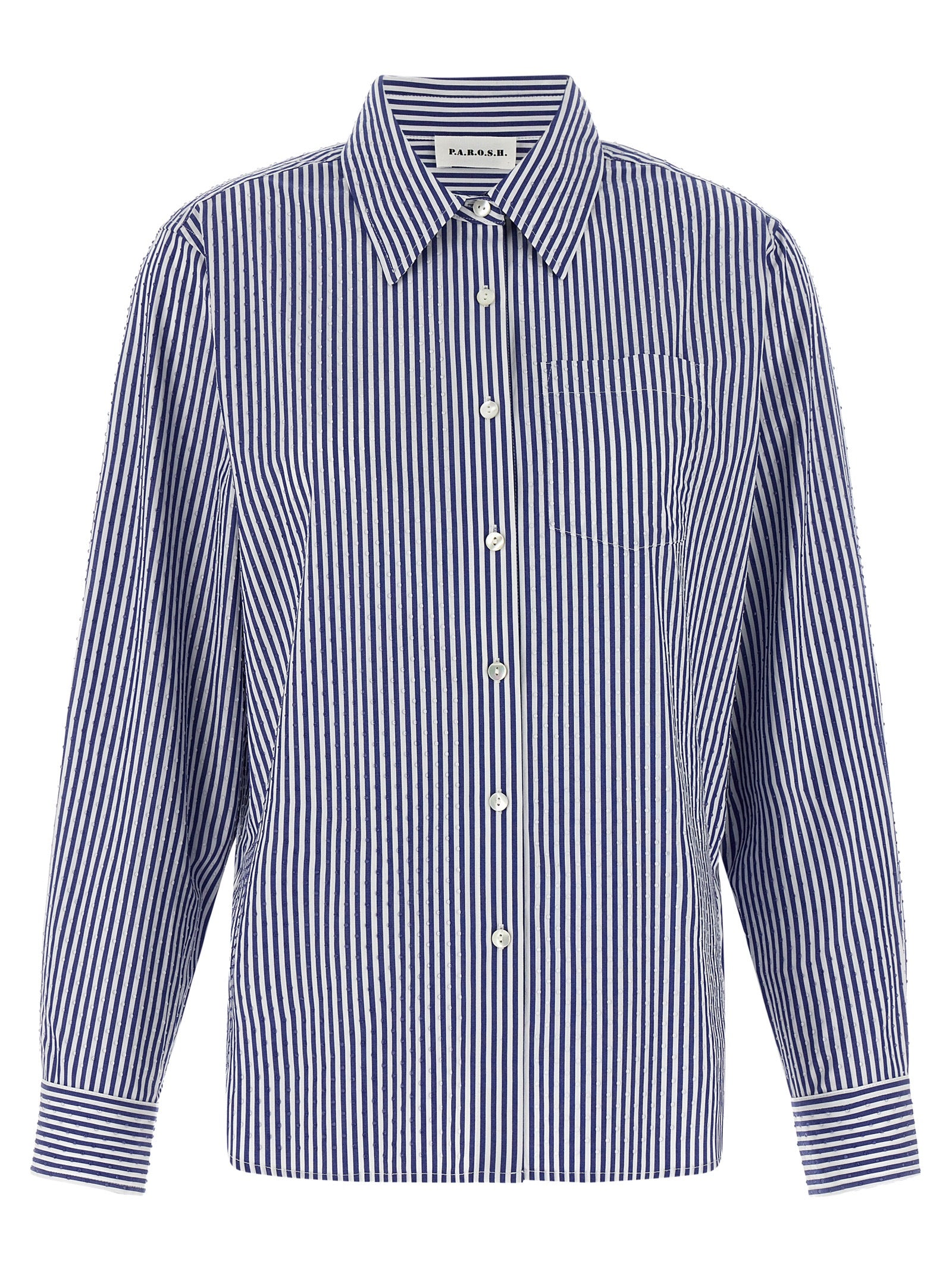 Blouse by P.A.R.O.S.H. for women in cotton & rhinestone blue & striped showcases a sharp silhouette, elegantly detailed with a sharp and sharp .