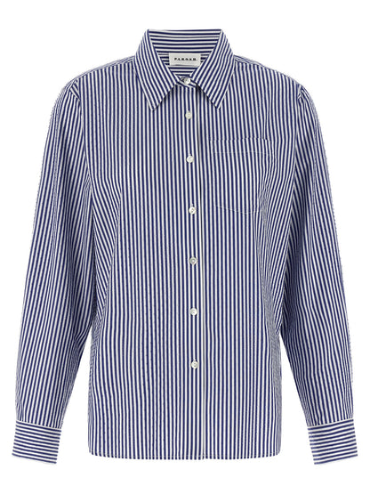 Blouse by P.A.R.O.S.H. for women in cotton & rhinestone blue & striped showcases a sharp silhouette, elegantly detailed with a sharp and sharp .