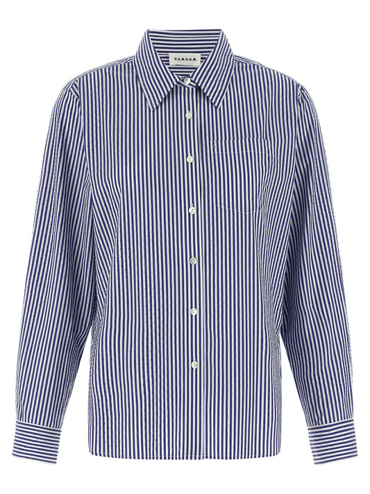 Blouse by P.A.R.O.S.H. for women in cotton & rhinestone blue & striped showcases a sharp silhouette, elegantly detailed with a sharp and sharp .