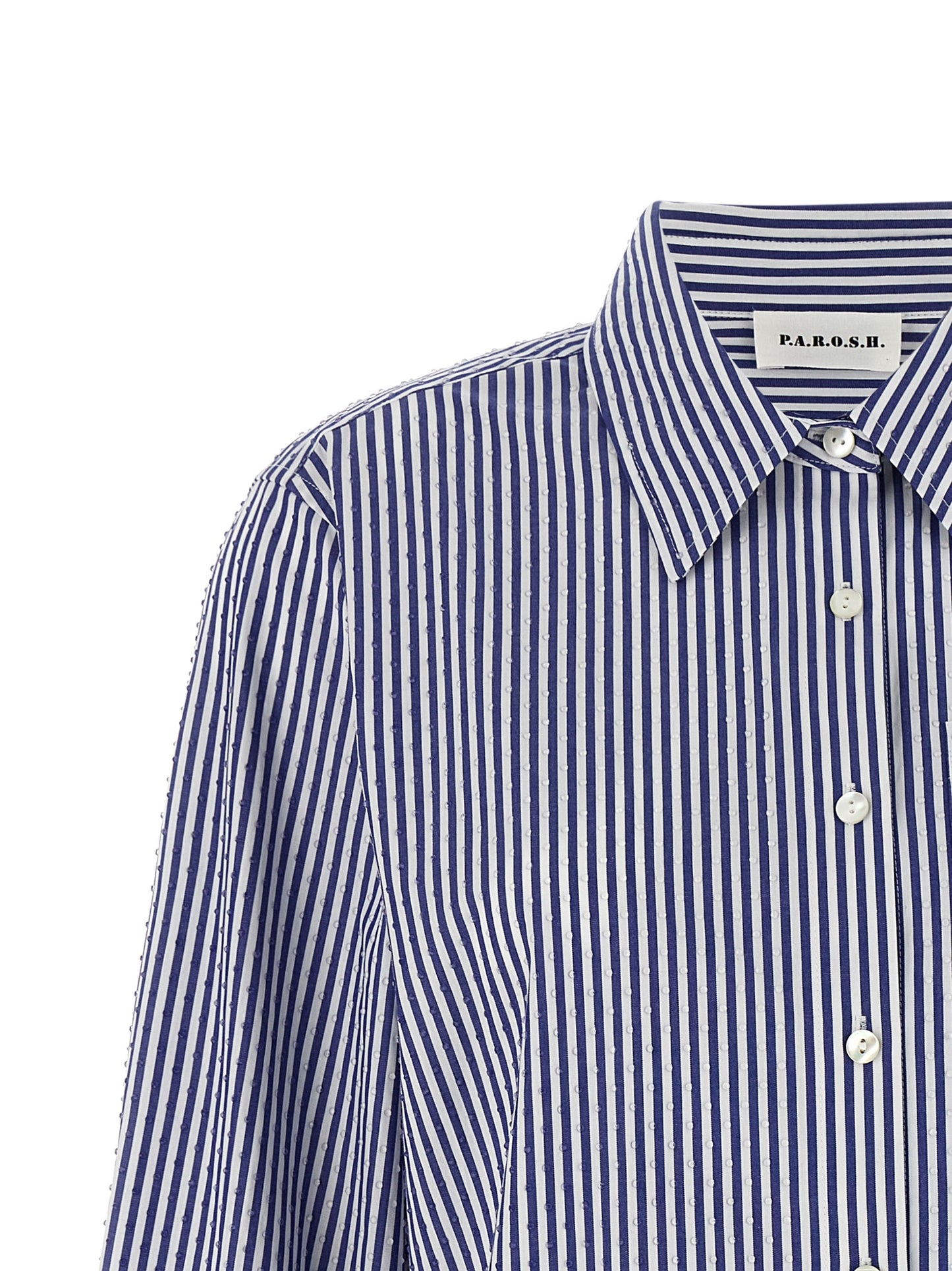 Blouse by P.A.R.O.S.H. for women in cotton & rhinestone blue & striped features an polished silhouette, showcasing a sophisticated and detail for a truly polished finish.