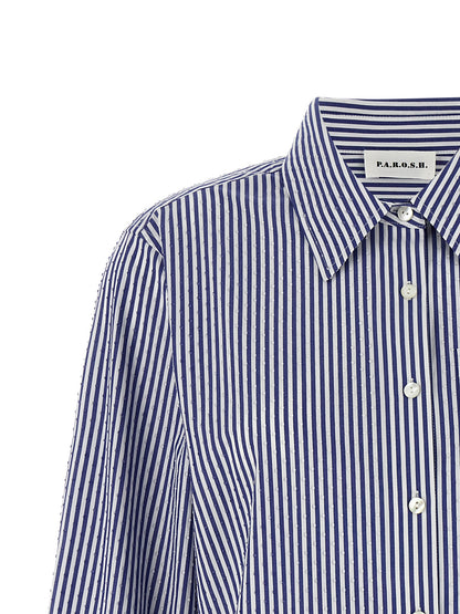Blouse by P.A.R.O.S.H. for women in cotton & rhinestone blue & striped features an polished silhouette, showcasing a sophisticated and detail for a truly polished finish.