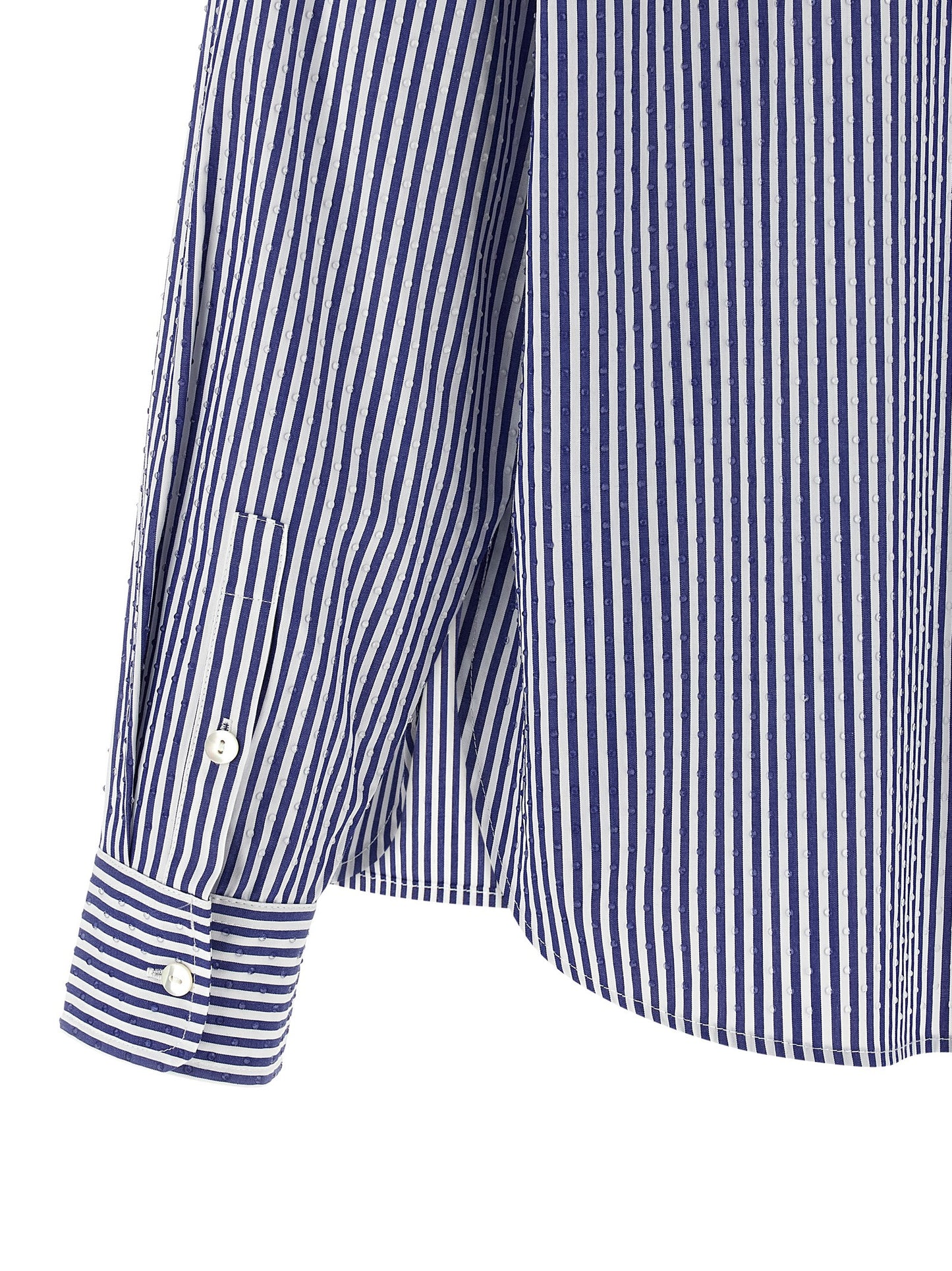 Blouse by P.A.R.O.S.H. for women in cotton & rhinestone blue & striped features an architectural silhouette with a refined and elegant for a architectural look.