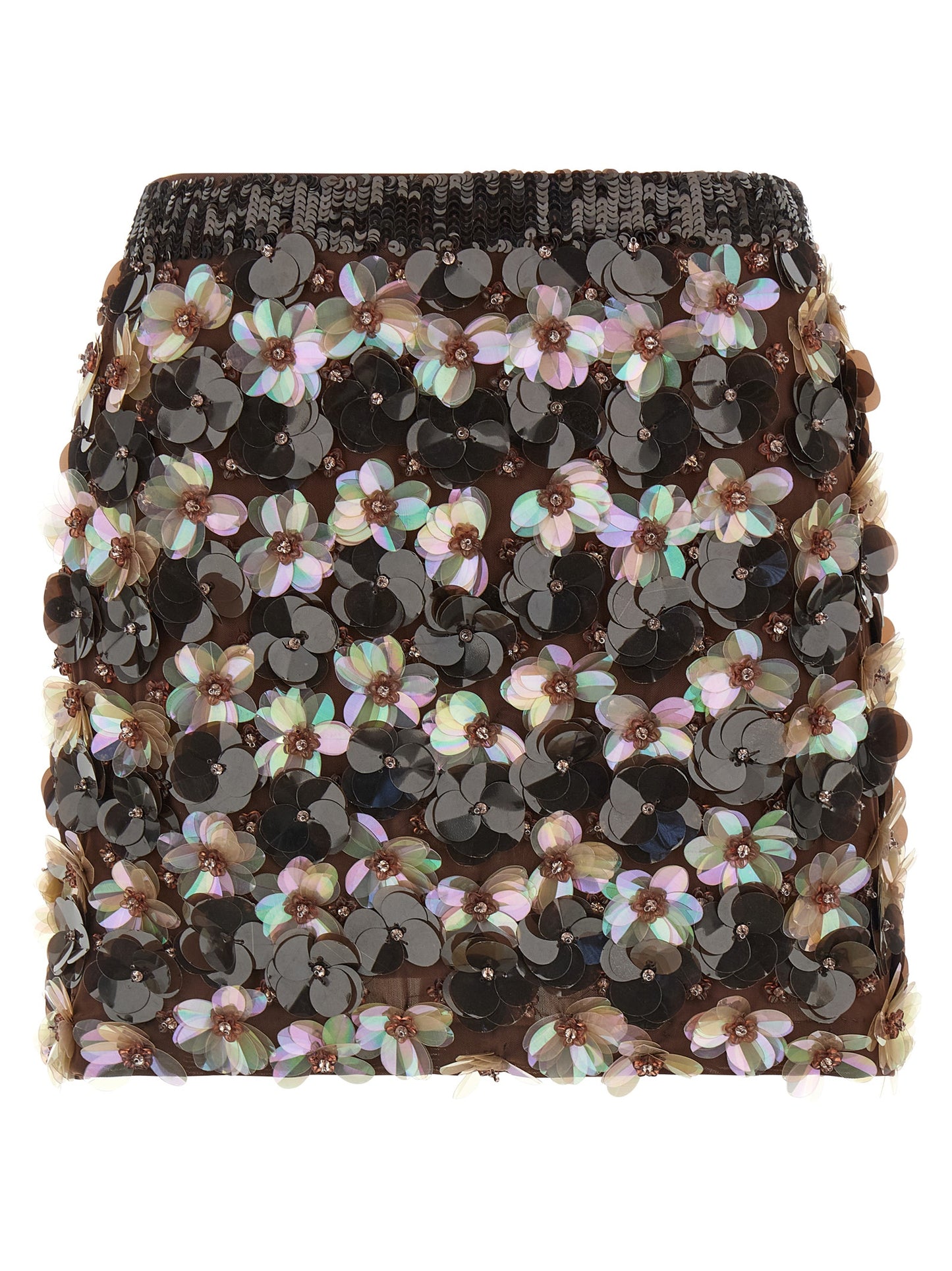 Skirt by P.A.R.O.S.H. for women in stretch polyamide brown & floral showcases a sultry silhouette, elegantly defined by its long and the sophisticated sultry design of the Women's Stretch Polyamide Long Skirt.